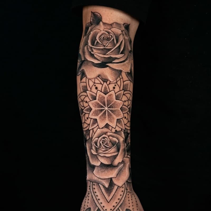 Rose and mandala sleeve tattoo